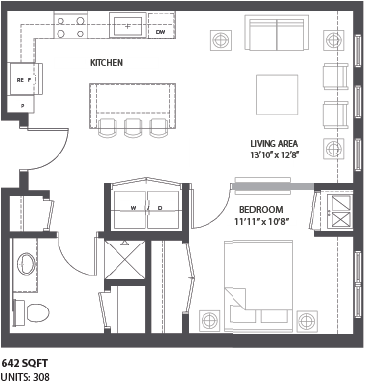Floor plan for 1 bed, 1 bath, 642 sqft